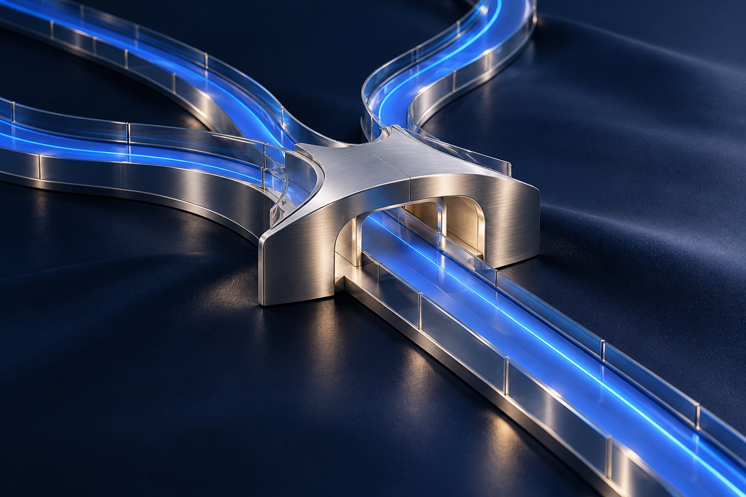 Silver pathways with blue illuminated edges meeting at a central junction