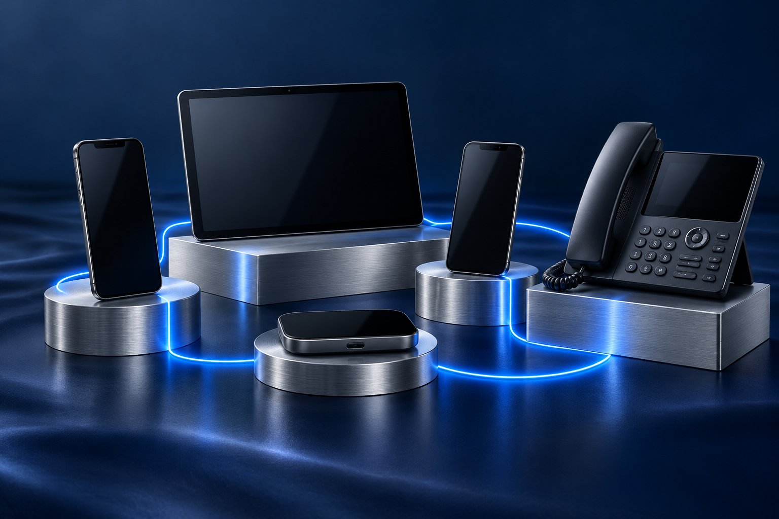 Smartphones, a tablet, a hotspot, and a desk phone on silver platforms connected by a blue line